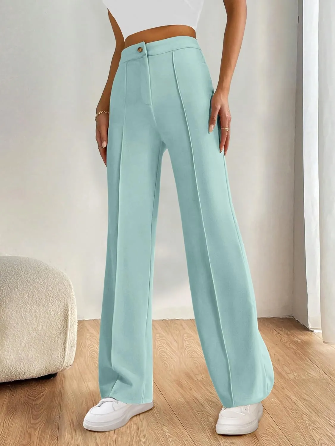 PRETTYGARDEN Straight Leg Pants Stretchy Button Business Casual Work Trousers Knit Elastic Waist Slacks