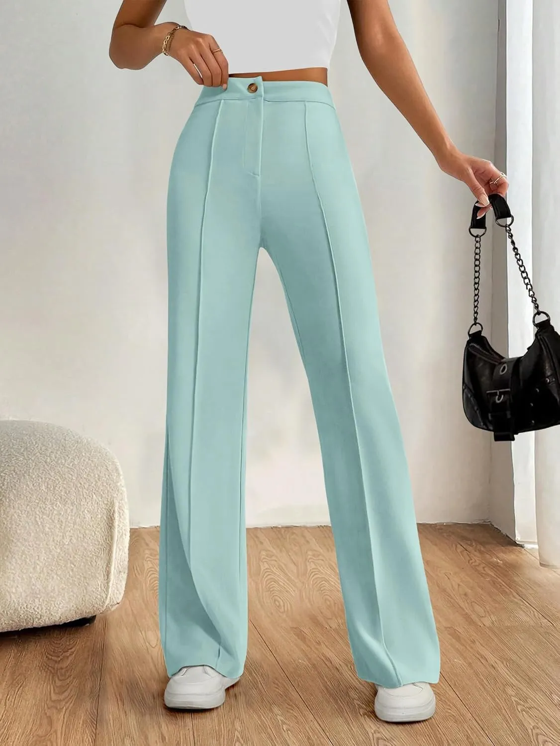 PRETTYGARDEN Straight Leg Pants Stretchy Button Business Casual Work Trousers Knit Elastic Waist Slacks