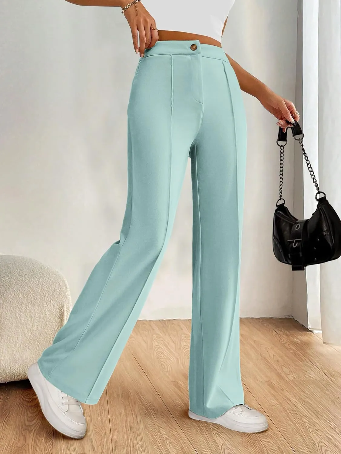 PRETTYGARDEN Straight Leg Pants Stretchy Button Business Casual Work Trousers Knit Elastic Waist Slacks