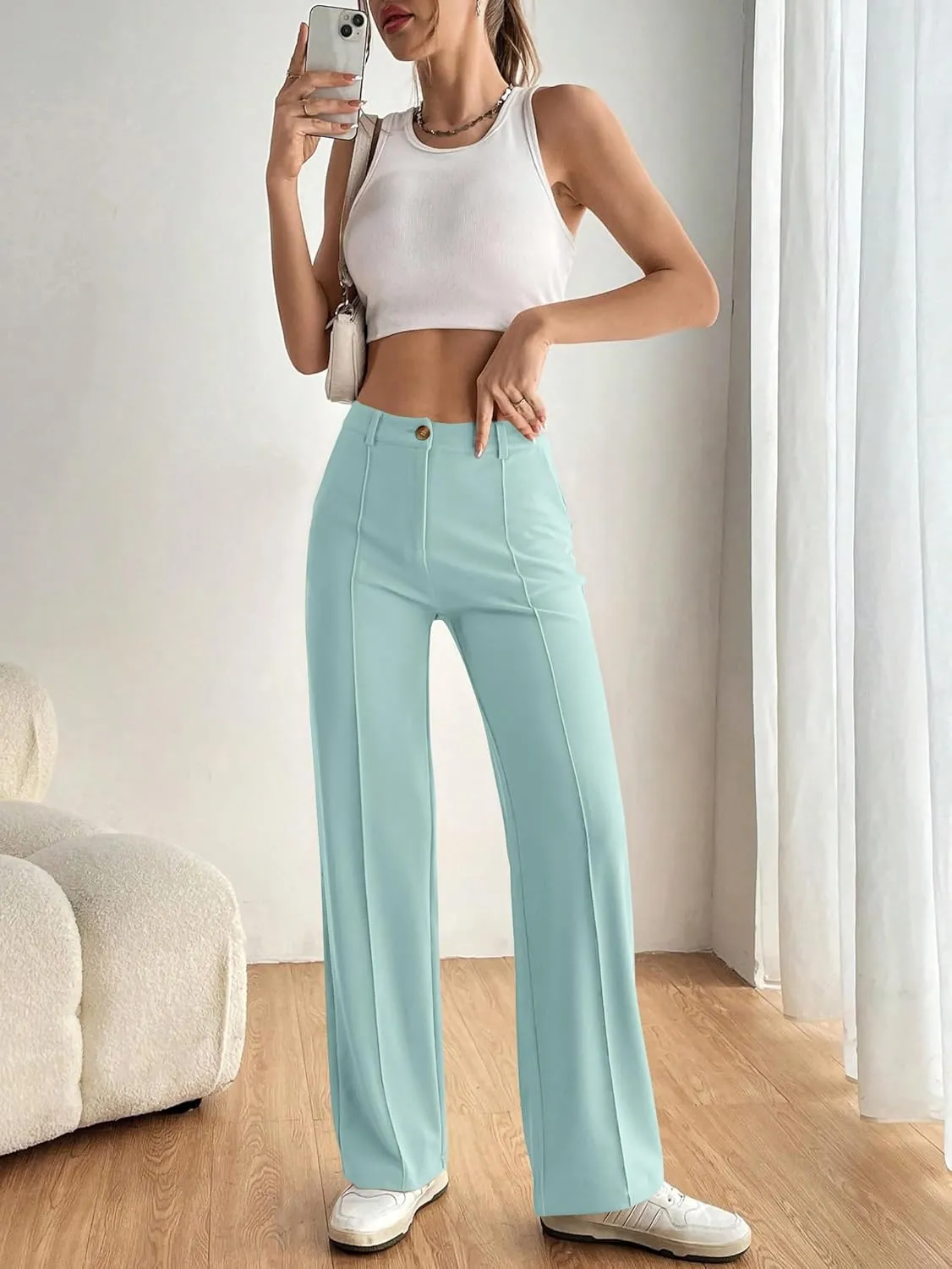 PRETTYGARDEN Straight Leg Pants Stretchy Button Business Casual Work Trousers Knit Elastic Waist Slacks
