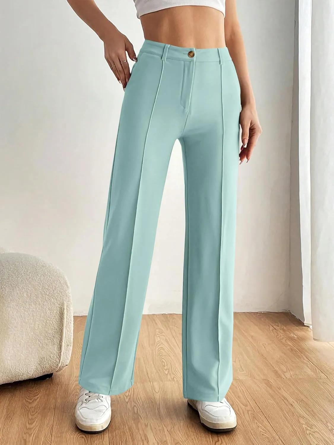 PRETTYGARDEN Straight Leg Pants Stretchy Button Business Casual Work Trousers Knit Elastic Waist Slacks