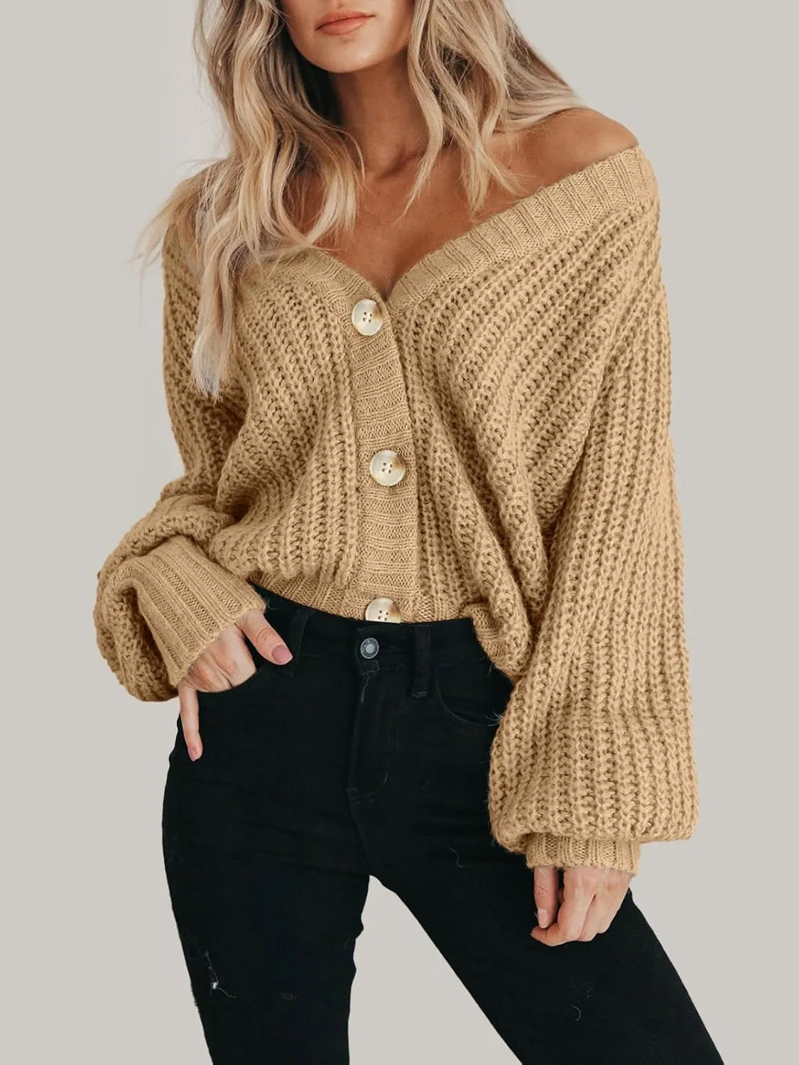 PRETTYGARDEN Women's Chunky Knit Open Front Sweater Long Sleeve Button Loose Short Cardigan Outerwear Coats