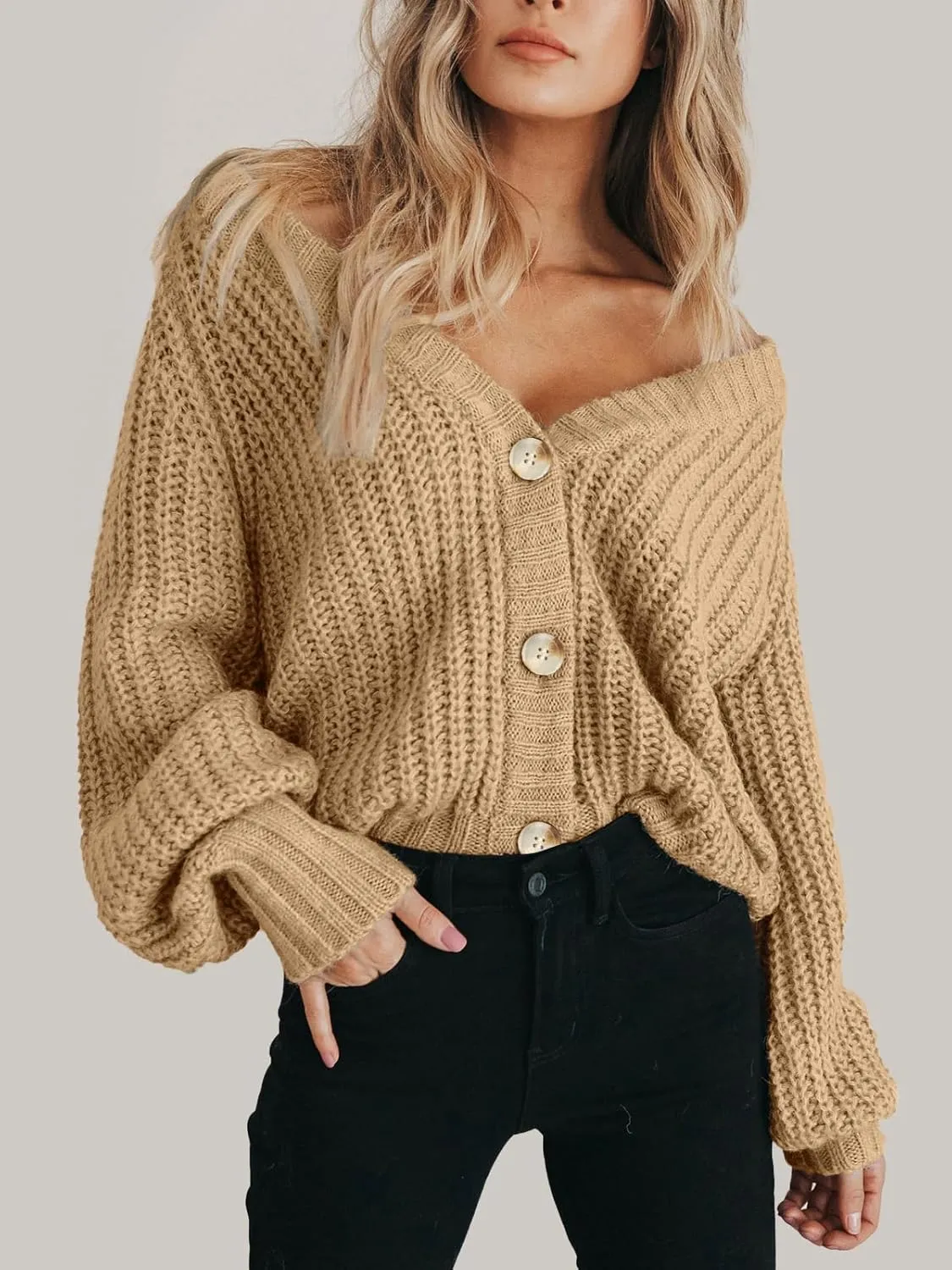 PRETTYGARDEN Women's Chunky Knit Open Front Sweater Long Sleeve Button Loose Short Cardigan Outerwear Coats