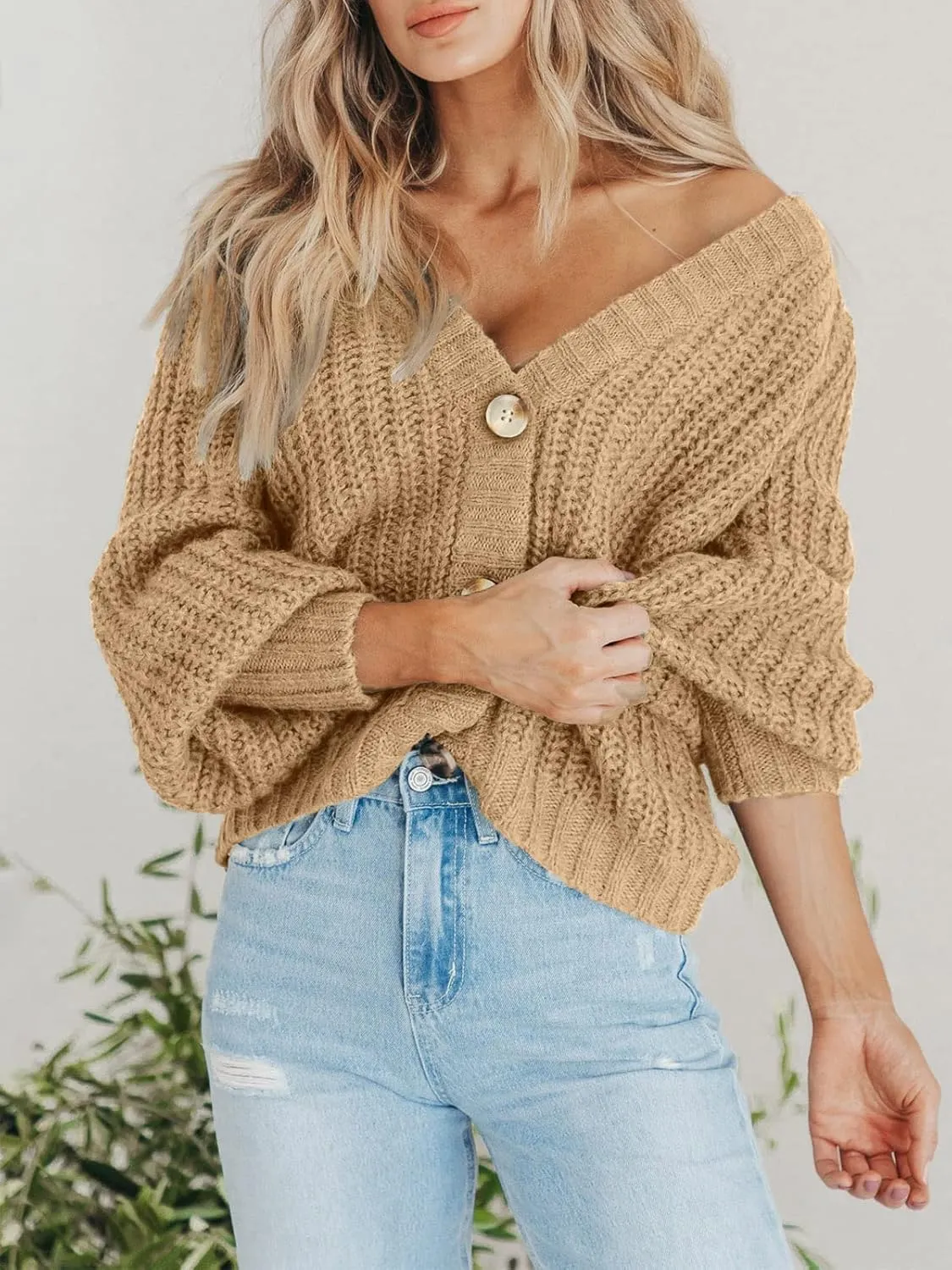 PRETTYGARDEN Women's Chunky Knit Open Front Sweater Long Sleeve Button Loose Short Cardigan Outerwear Coats