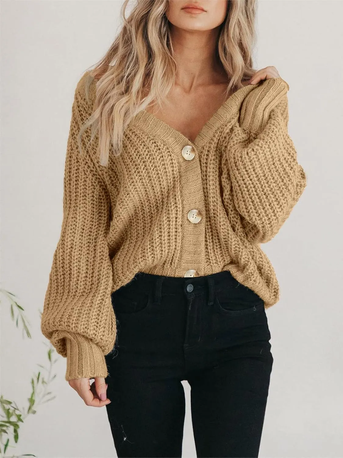 PRETTYGARDEN Women's Chunky Knit Open Front Sweater Long Sleeve Button Loose Short Cardigan Outerwear Coats