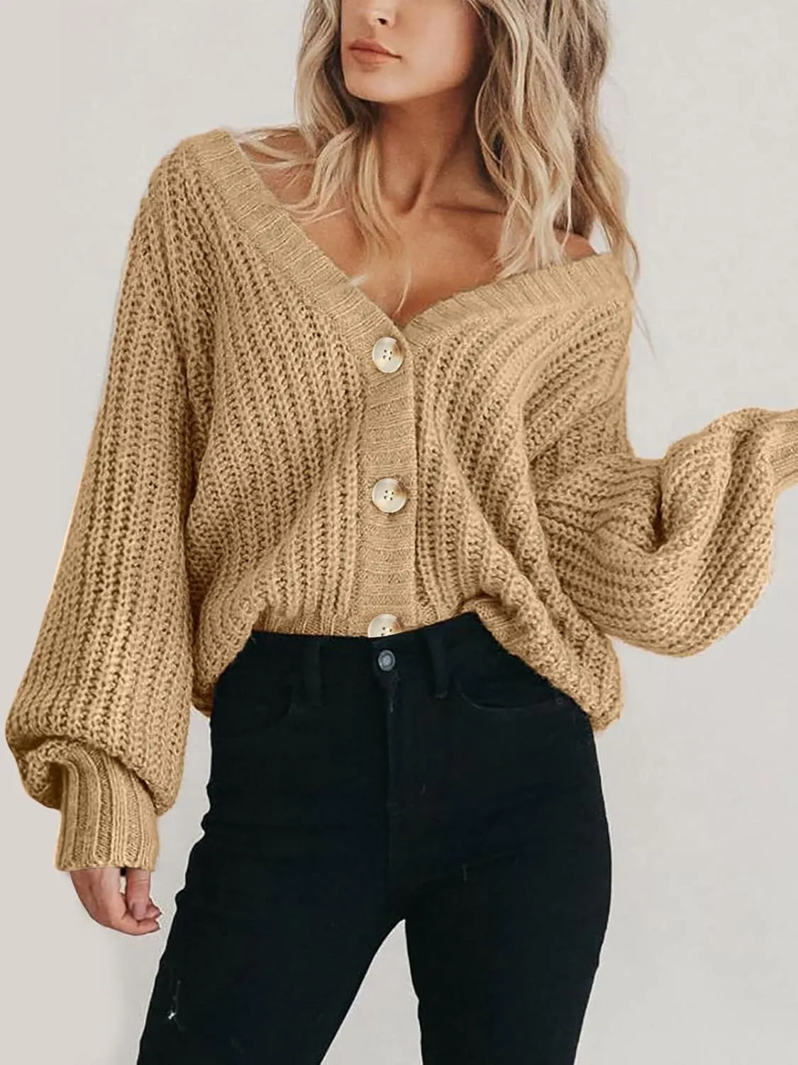 PRETTYGARDEN Women's Chunky Knit Open Front Sweater Long Sleeve Button Loose Short Cardigan Outerwear Coats