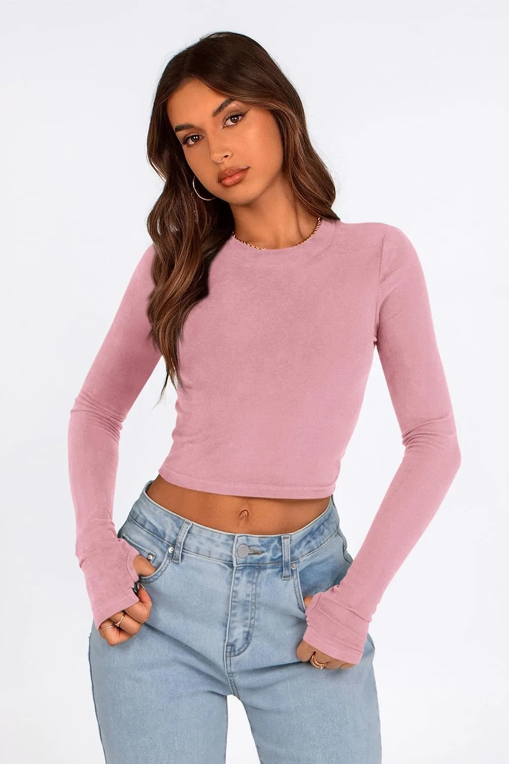PRETTYGARDEN Women's Long Sleeve Crop Tops Y2K Spring Fall Fashion Clothes Basic Slim Fit Tee Shirts Blouse