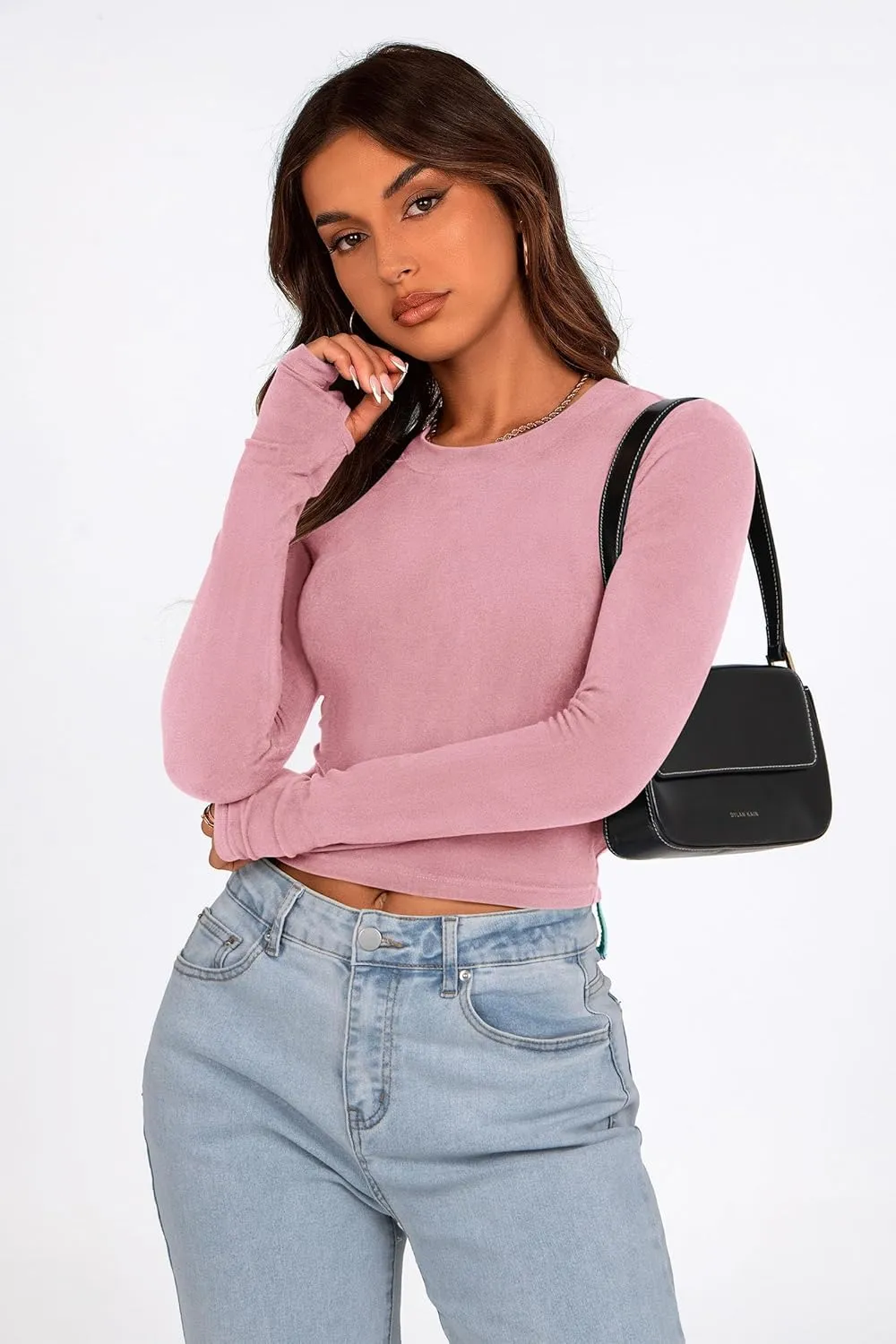 PRETTYGARDEN Women's Long Sleeve Crop Tops Y2K Spring Fall Fashion Clothes Basic Slim Fit Tee Shirts Blouse