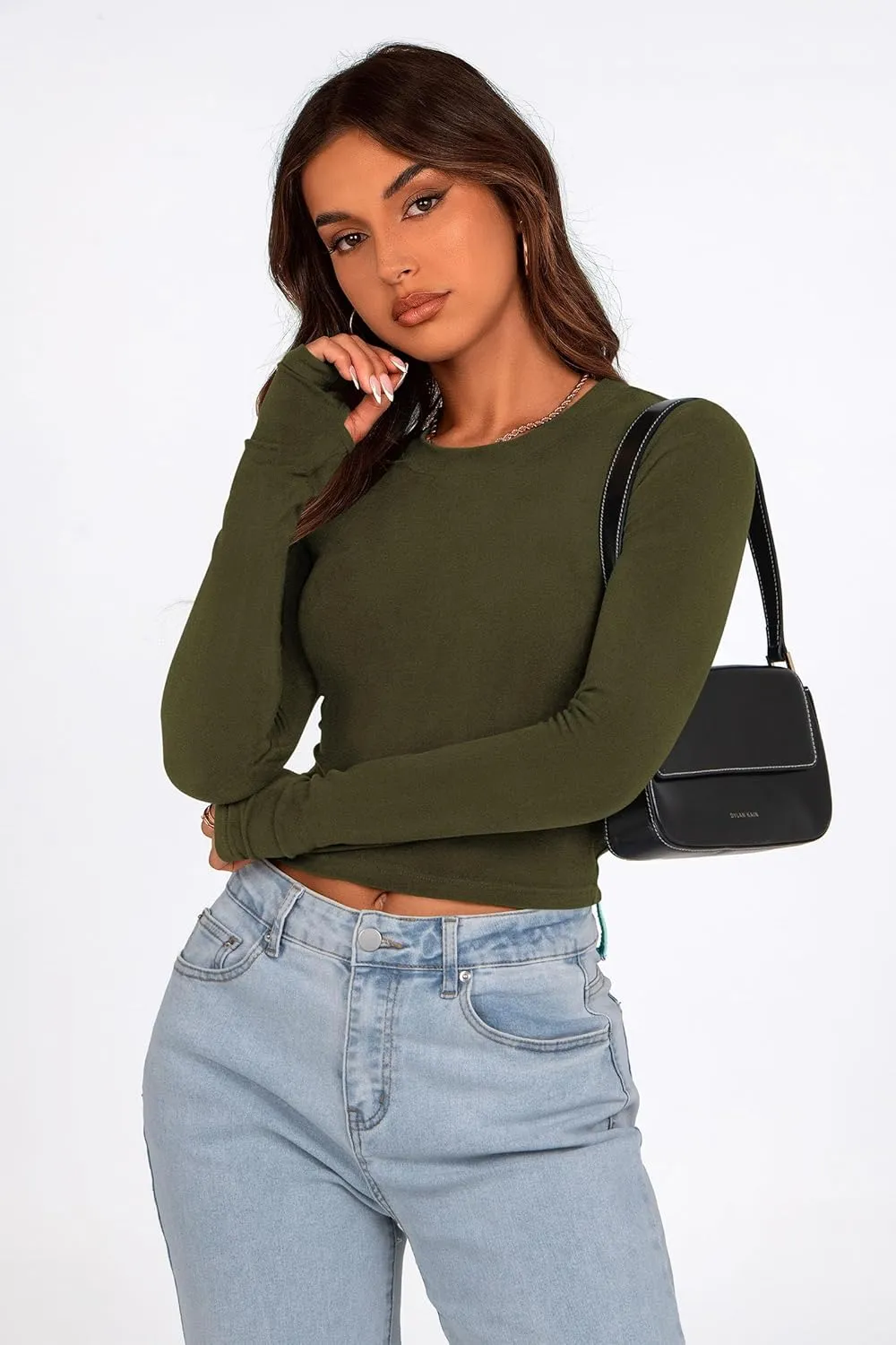 PRETTYGARDEN Women's Long Sleeve Crop Tops Y2K Spring Fall Fashion Clothes Basic Slim Fit Tee Shirts Blouse