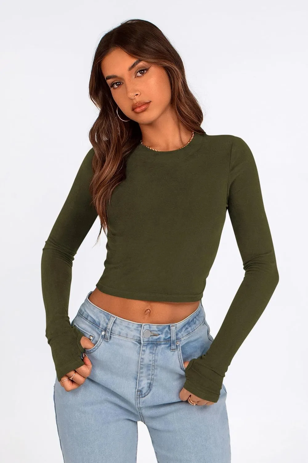 PRETTYGARDEN Women's Long Sleeve Crop Tops Y2K Spring Fall Fashion Clothes Basic Slim Fit Tee Shirts Blouse