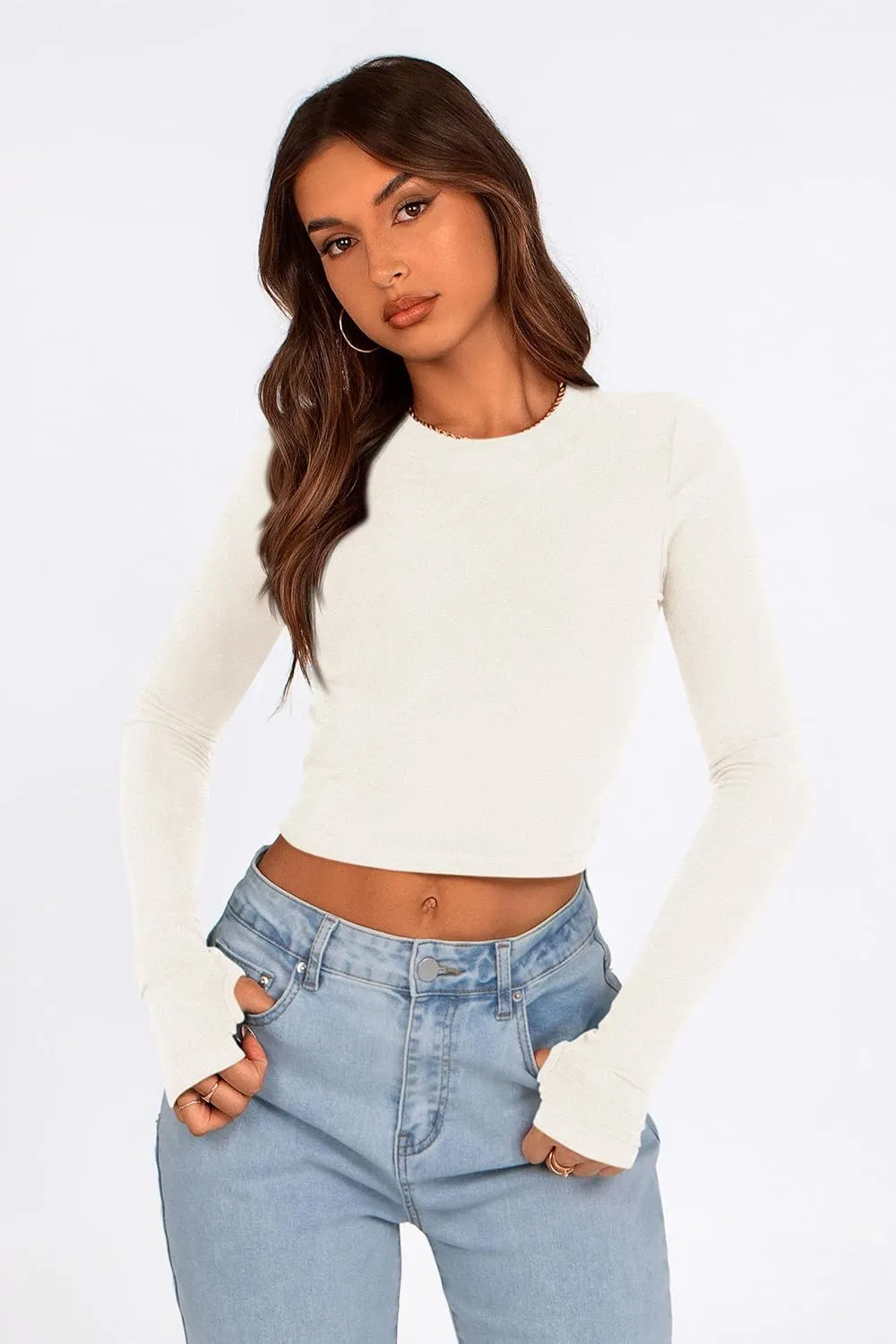 PRETTYGARDEN Women's Long Sleeve Crop Tops Y2K Spring Fall Fashion Clothes Basic Slim Fit Tee Shirts Blouse