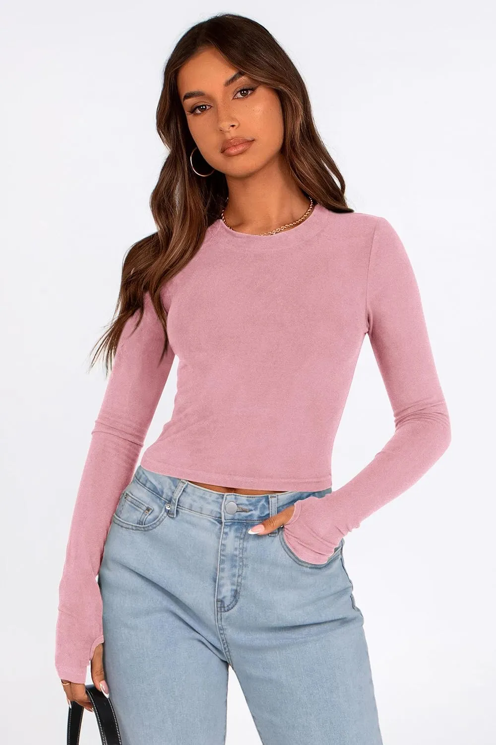 PRETTYGARDEN Women's Long Sleeve Crop Tops Y2K Spring Fall Fashion Clothes Basic Slim Fit Tee Shirts Blouse