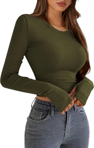 PRETTYGARDEN Women's Long Sleeve Crop Tops Y2K Spring Fall Fashion Clothes Basic Slim Fit Tee Shirts Blouse