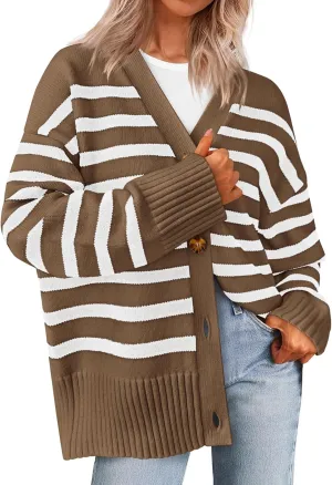 PRETTYGARDEN Women's Long Sleeve Striped Open Front Cardigan Sweaters Button Down Knit Lady Jackets 2025 Fall Outfits