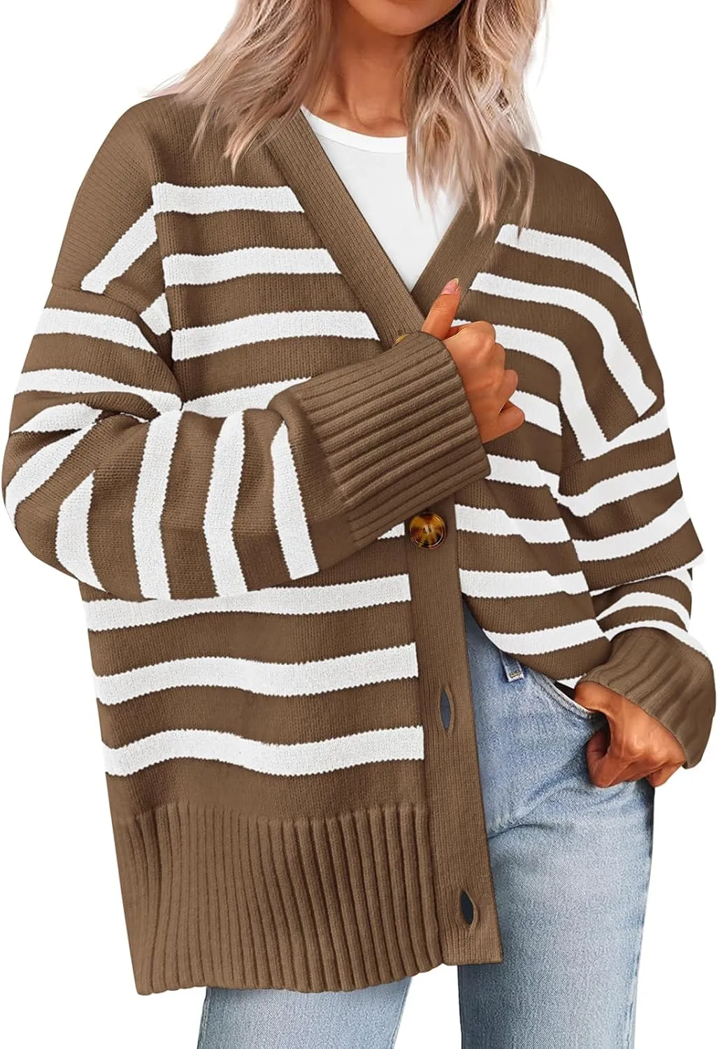PRETTYGARDEN Women's Long Sleeve Striped Open Front Cardigan Sweaters Button Down Knit Lady Jackets 2025 Fall Outfits