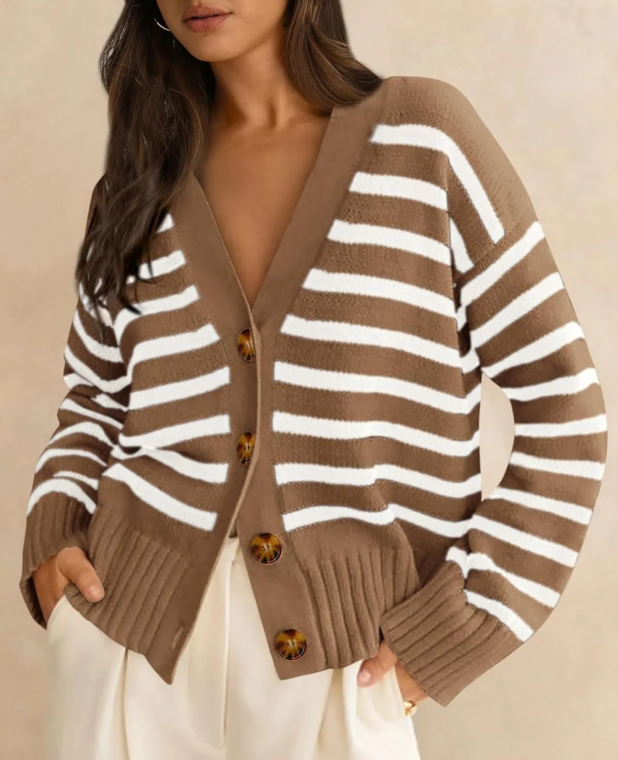 PRETTYGARDEN Women's Long Sleeve Striped Open Front Cardigan Sweaters Button Down Knit Lady Jackets 2025 Fall Outfits