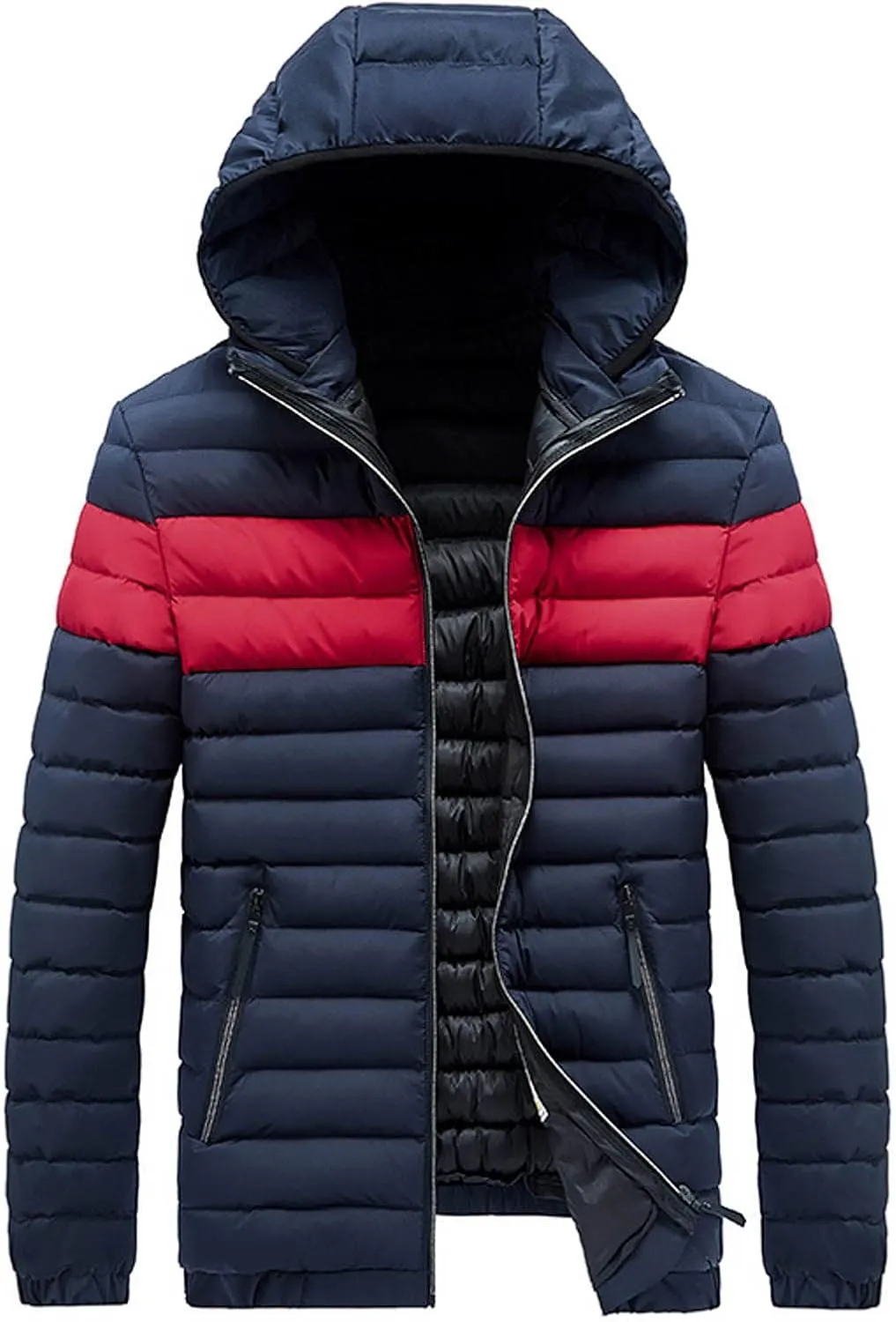 Puffer Jacket Men with Hood Winter Down Jackets Zip up Padded Coat Color Block Quilted Jacket Casual Warm Jackets