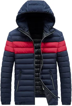 Puffer Jacket Men with Hood Winter Down Jackets Zip up Padded Coat Color Block Quilted Jacket Casual Warm Jackets