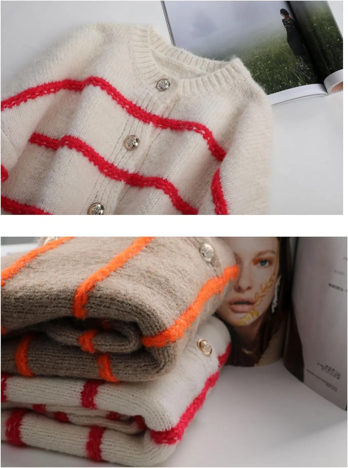 QIBABU Womens Striped Cardigan Sweaters Casual Open Front Long Sleeve Button Down Knit Outwear