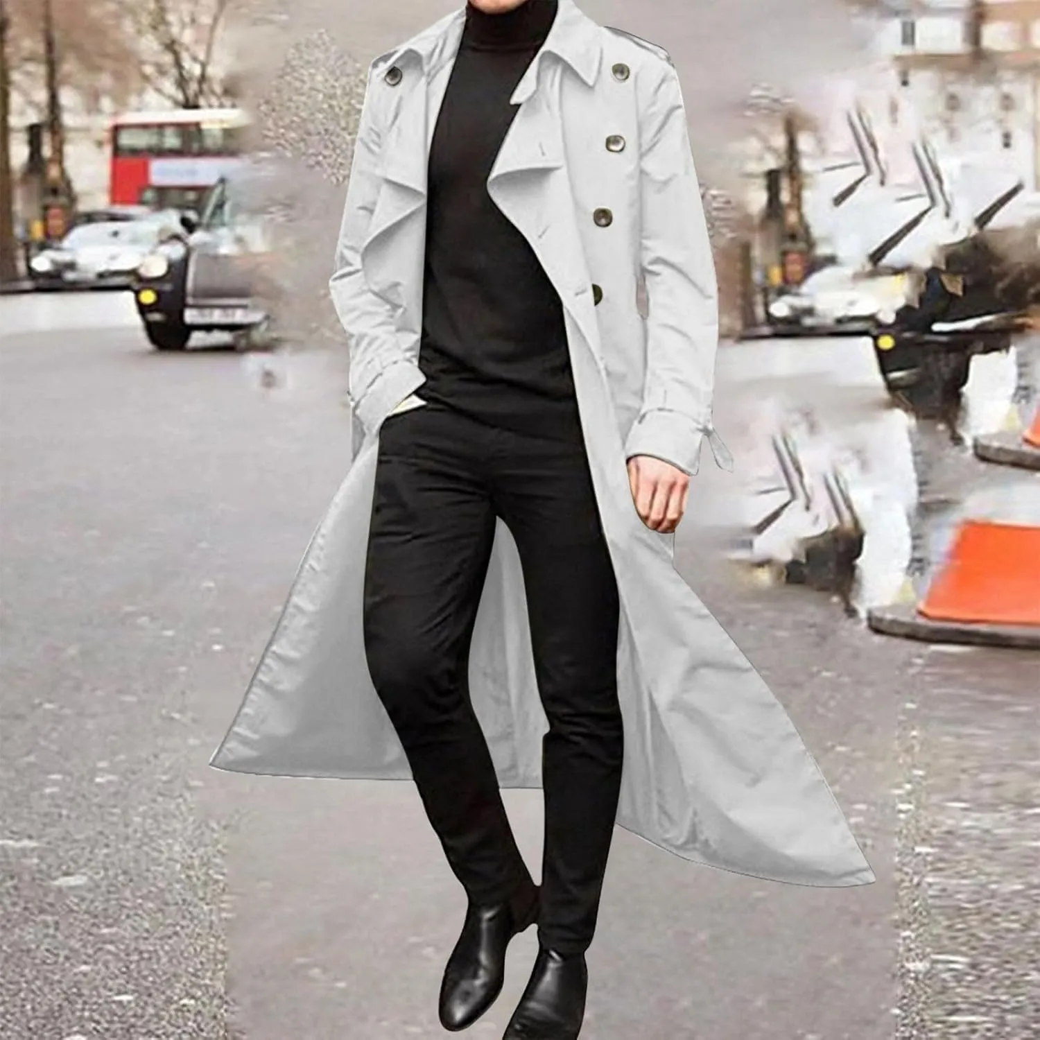 QWENTMTNTY Mens Long Trench Coat Double Breasted Belted Trench Coat Oversized Jacket Casual Business Windbreaker Overcoats
