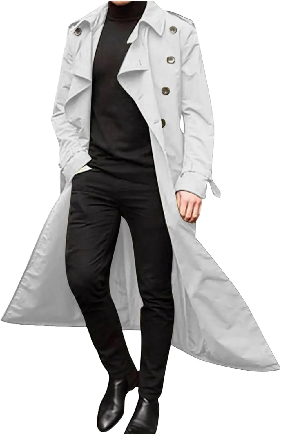 QWENTMTNTY Mens Long Trench Coat Double Breasted Belted Trench Coat Oversized Jacket Casual Business Windbreaker Overcoats