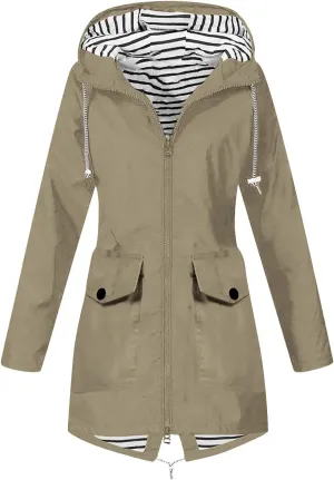 Rain Jacket For Women Lightweight Raincoat Waterproof Windbreaker Striped Lined Climbing Outdoor Hooded Trench Coat