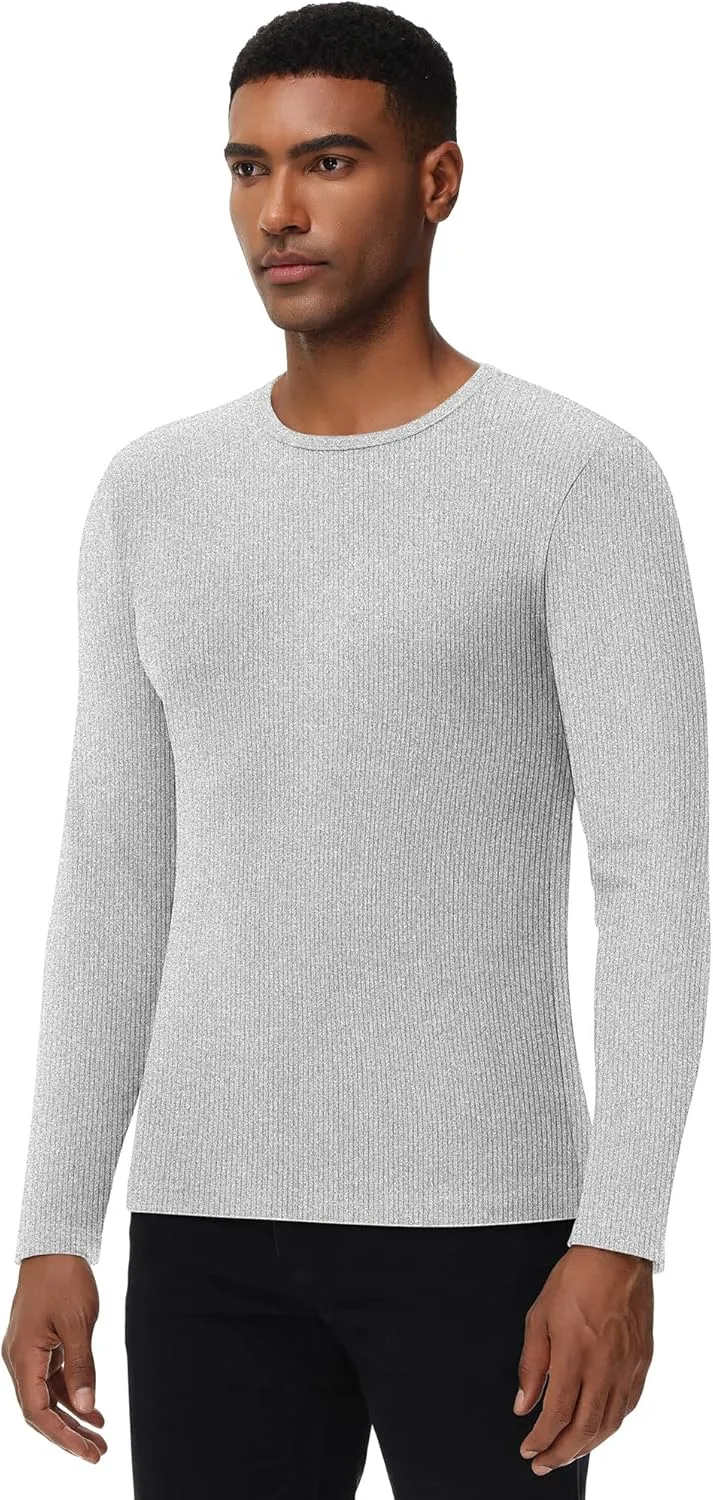 Riyiper 3 Pack Men's Ribbed Thermal Shirts Crew Neck Long Sleeve Tops Winter Stretchy Slim Basic Undershirt