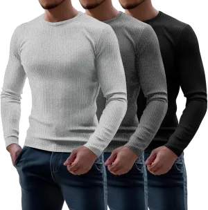 Riyiper 3 Pack Men's Ribbed Thermal Shirts Crew Neck Long Sleeve Tops Winter Stretchy Slim Basic Undershirt