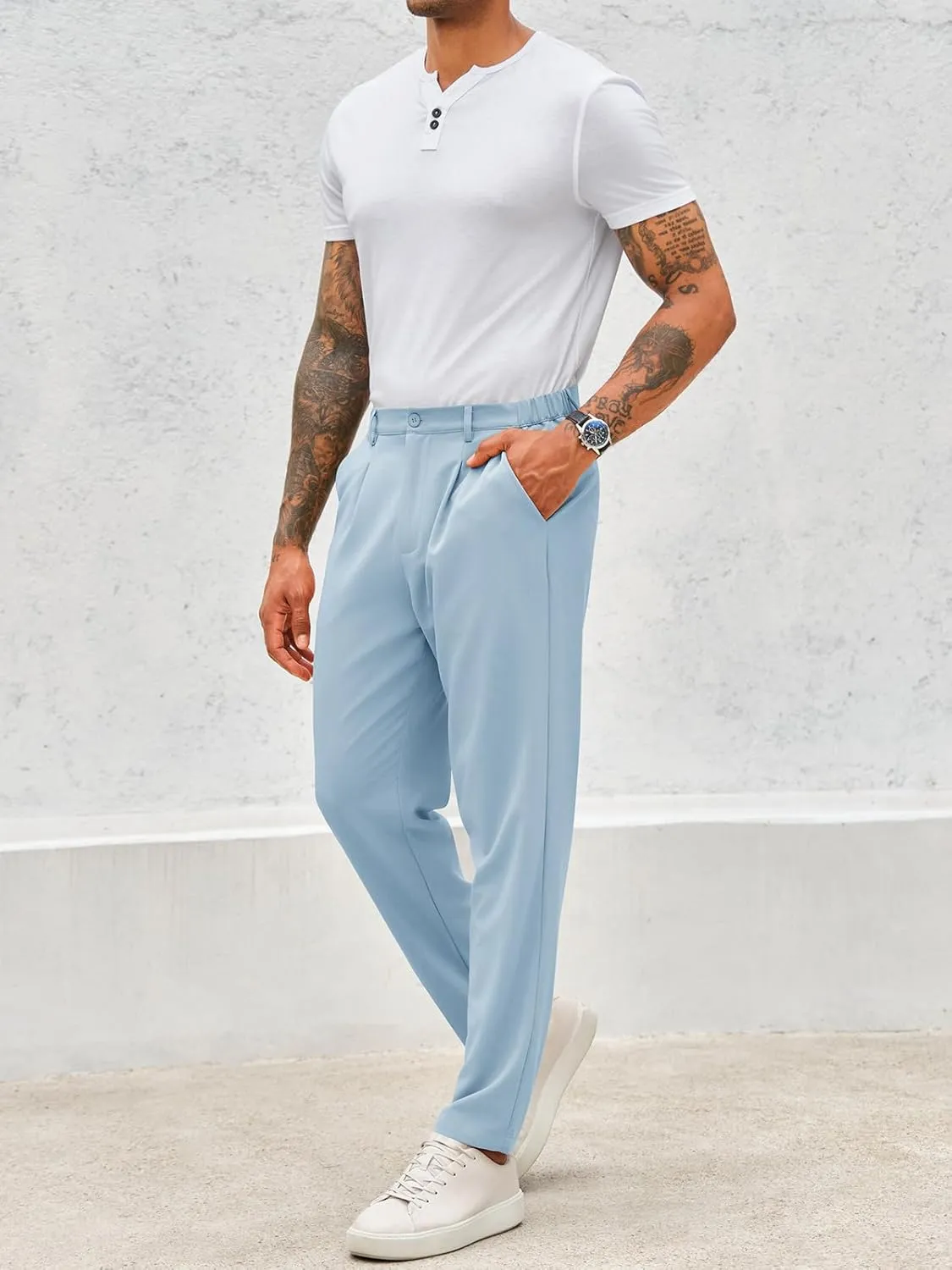 Runcati Mens Slim Fit Dress Pants Business Casual Golf Chino Pants Stretch Pleated Slacks