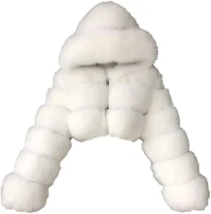 SACFOF Women Fluffy Faux Fur Coat Cropped Jacket Puffer Zip Up Winter Warm Fuzzy Teddy Hooded Outwear
