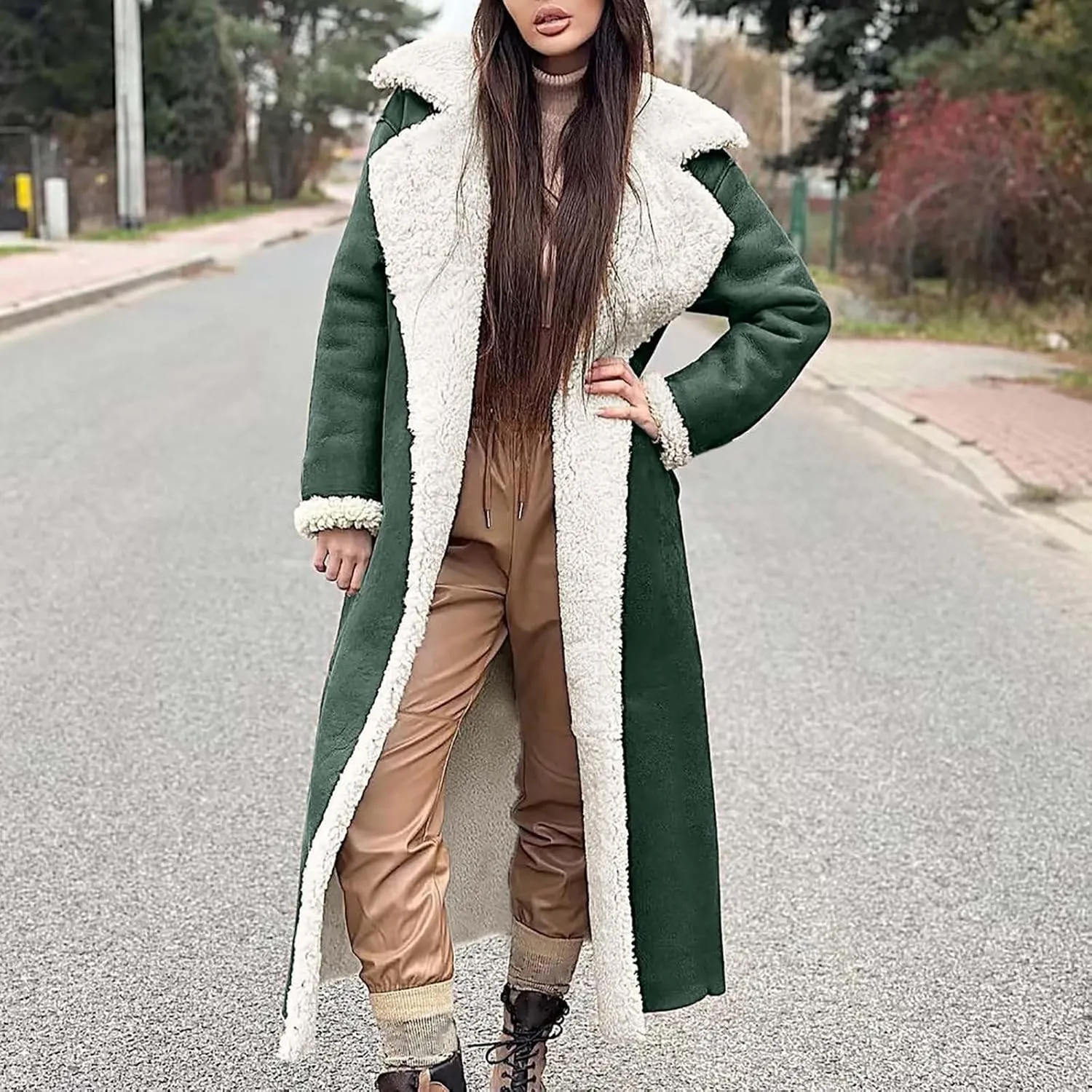 SACFOF Women Sherpa Lined Long Jacket Faux Leather Shearling Jacket Fur Collar Long Trench Coats Winter Lapel Fleece Coat