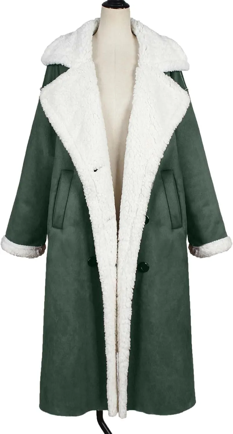 SACFOF Women Sherpa Lined Long Jacket Faux Leather Shearling Jacket Fur Collar Long Trench Coats Winter Lapel Fleece Coat