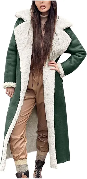 SACFOF Women Sherpa Lined Long Jacket Faux Leather Shearling Jacket Fur Collar Long Trench Coats Winter Lapel Fleece Coat