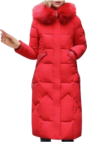 SACFOF Women's Quilted Down Jacket Winter Warm Long Coat Hooded Parka with Fur Collar Thicken Puffer Outwears