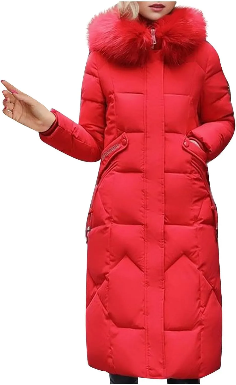 SACFOF Women's Quilted Down Jacket Winter Warm Long Coat Hooded Parka with Fur Collar Thicken Puffer Outwears