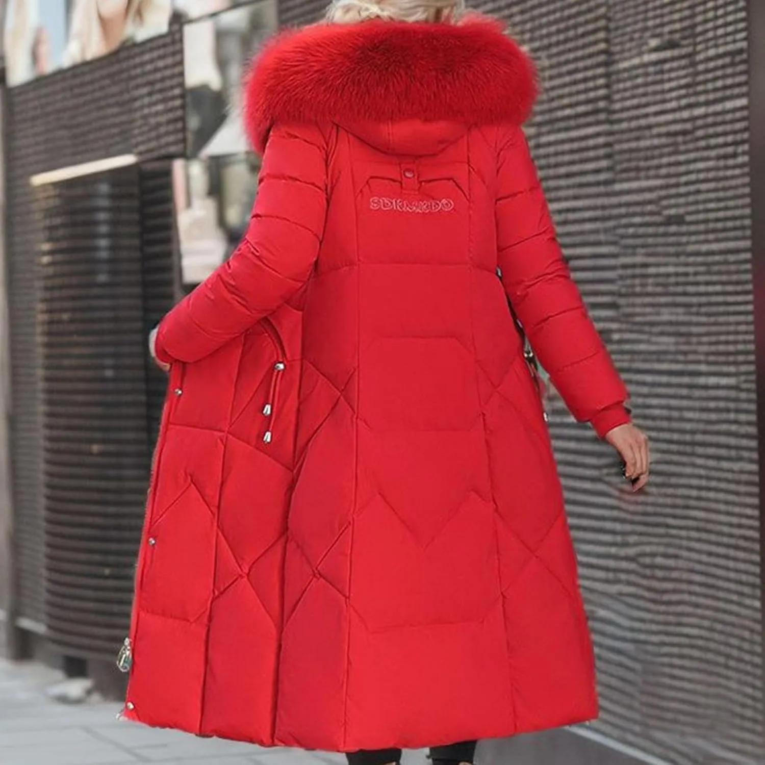 SACFOF Women's Quilted Down Jacket Winter Warm Long Coat Hooded Parka with Fur Collar Thicken Puffer Outwears
