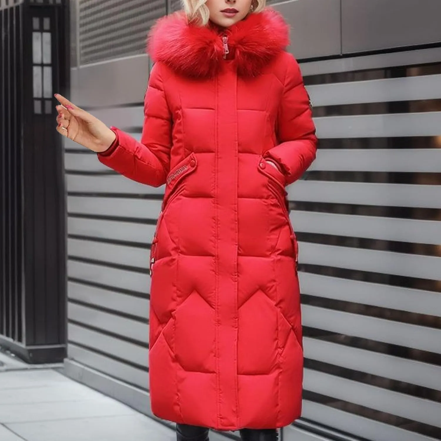 SACFOF Women's Quilted Down Jacket Winter Warm Long Coat Hooded Parka with Fur Collar Thicken Puffer Outwears