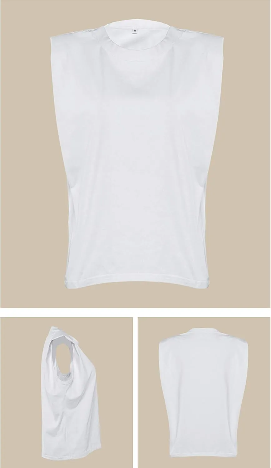 SAFRISIOR Women Loose Solid Shoulder Pads Sleeveless T-Shirt Casual Cotton Round Neck Tank Tee Top