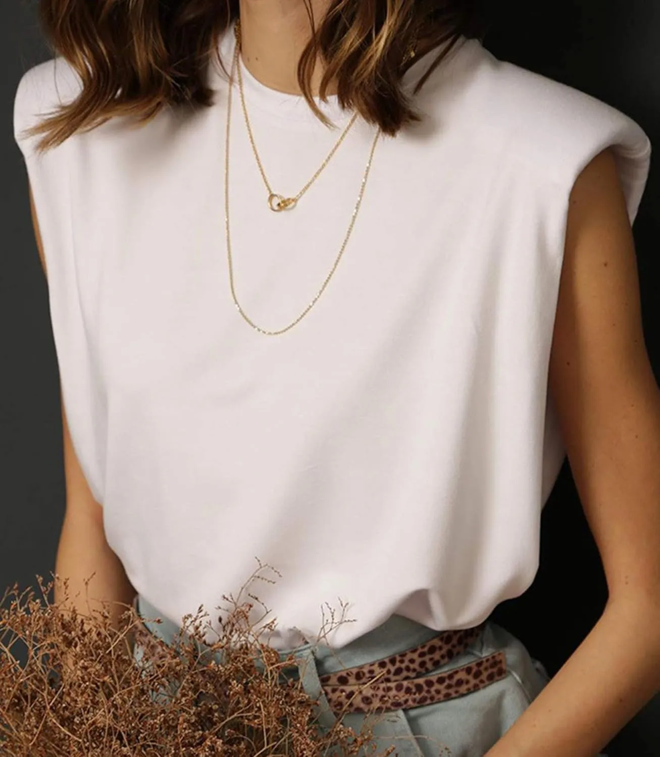 SAFRISIOR Women Loose Solid Shoulder Pads Sleeveless T-Shirt Casual Cotton Round Neck Tank Tee Top