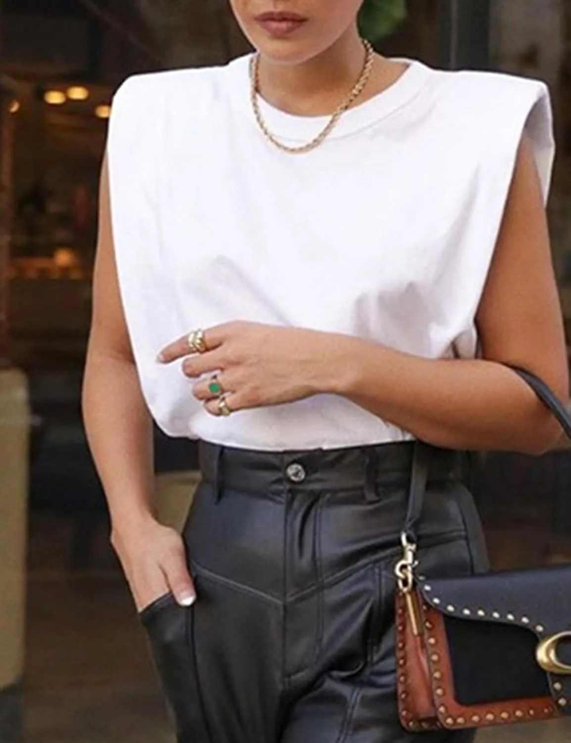 SAFRISIOR Women Loose Solid Shoulder Pads Sleeveless T-Shirt Casual Cotton Round Neck Tank Tee Top
