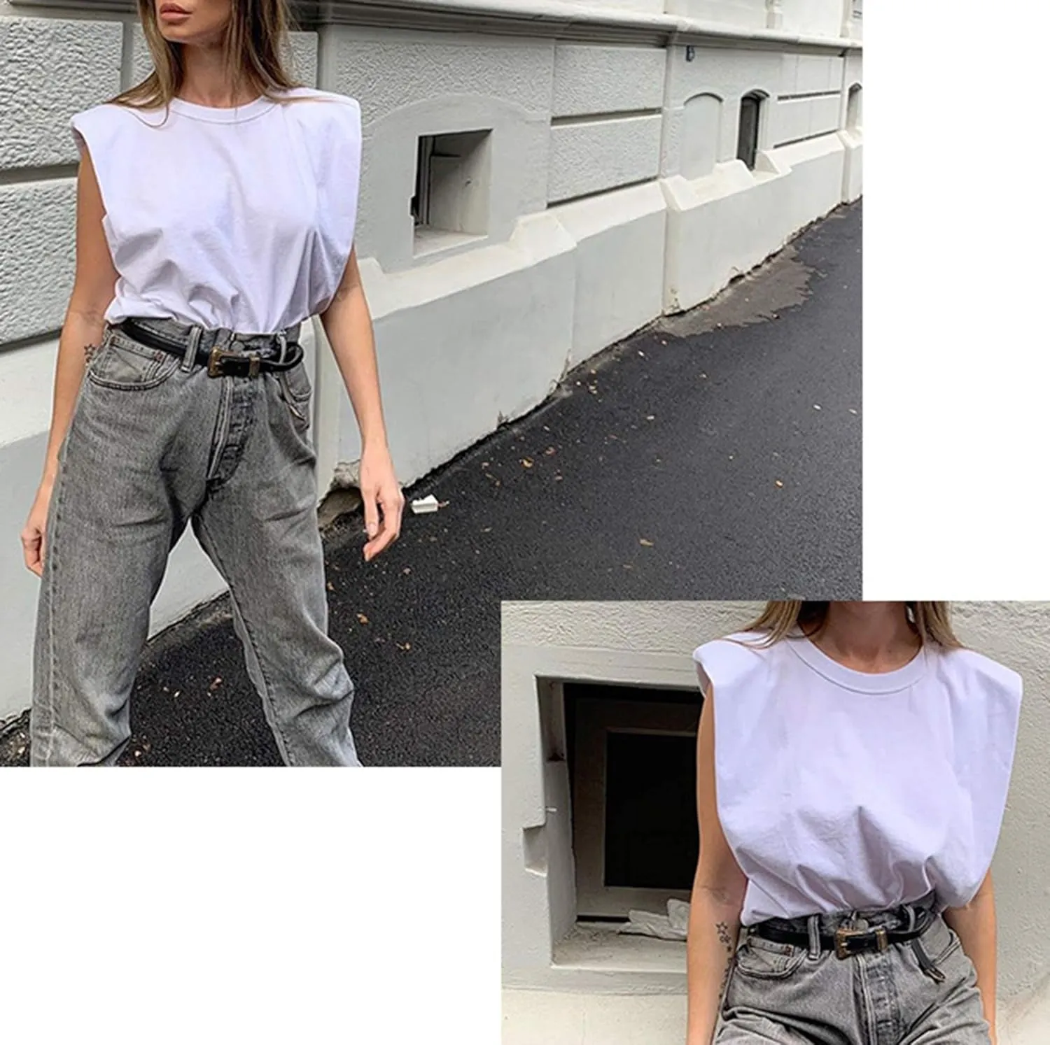SAFRISIOR Women Loose Solid Shoulder Pads Sleeveless T-Shirt Casual Cotton Round Neck Tank Tee Top