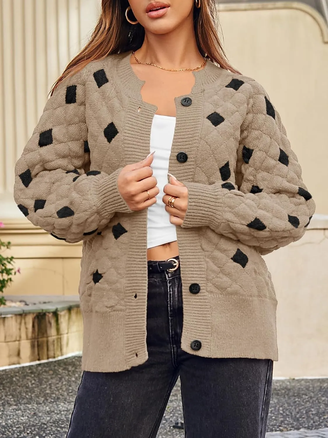 Saodimallsu Womens Chunky Cardigans Button Down Long Sleeve Open Front Plaid Knit Loose Fall Sweater Coats