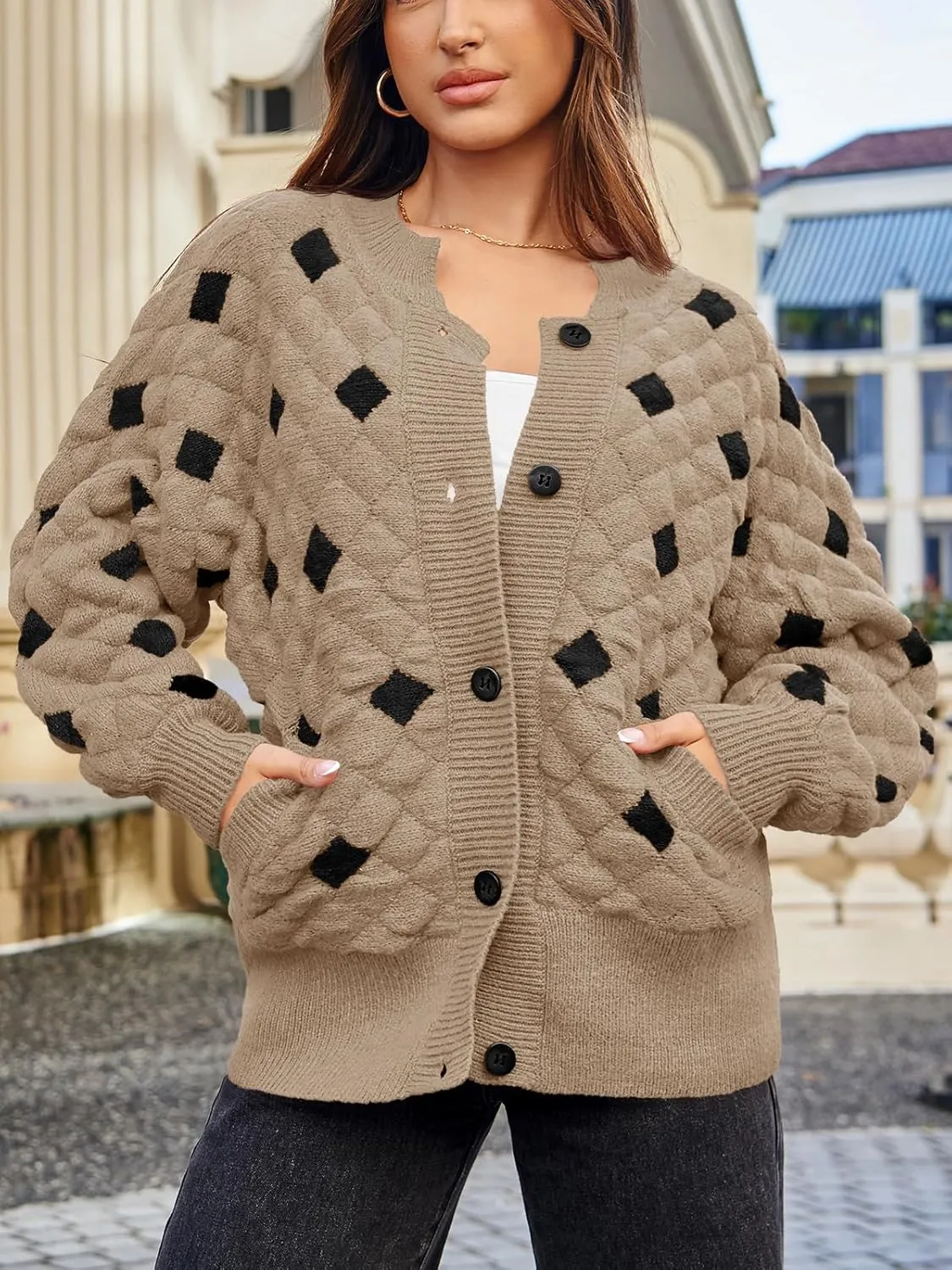 Saodimallsu Womens Chunky Cardigans Button Down Long Sleeve Open Front Plaid Knit Loose Fall Sweater Coats