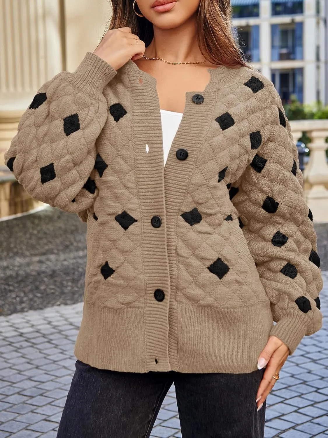 Saodimallsu Womens Chunky Cardigans Button Down Long Sleeve Open Front Plaid Knit Loose Fall Sweater Coats