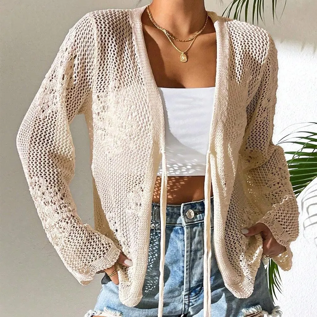 Sdencin Women Hollow Out Tie Front Crochet Knit Cardigan Autumn Long Sleeve Casual Loose Open Front Cardigan Cover Up