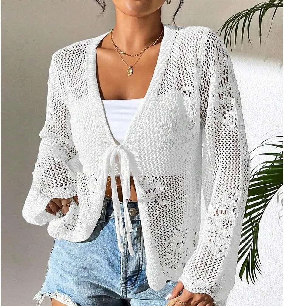Sdencin Women Hollow Out Tie Front Crochet Knit Cardigan Autumn Long Sleeve Casual Loose Open Front Cardigan Cover Up
