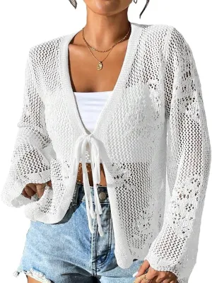 Sdencin Women Hollow Out Tie Front Crochet Knit Cardigan Autumn Long Sleeve Casual Loose Open Front Cardigan Cover Up