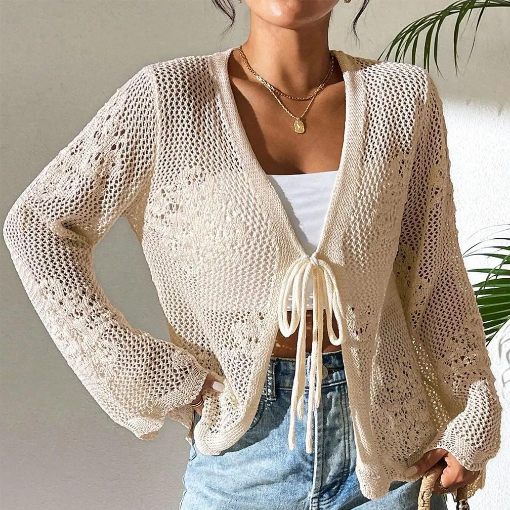 Sdencin Women Hollow Out Tie Front Crochet Knit Cardigan Autumn Long Sleeve Casual Loose Open Front Cardigan Cover Up