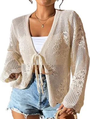 Sdencin Women Hollow Out Tie Front Crochet Knit Cardigan Autumn Long Sleeve Casual Loose Open Front Cardigan Cover Up