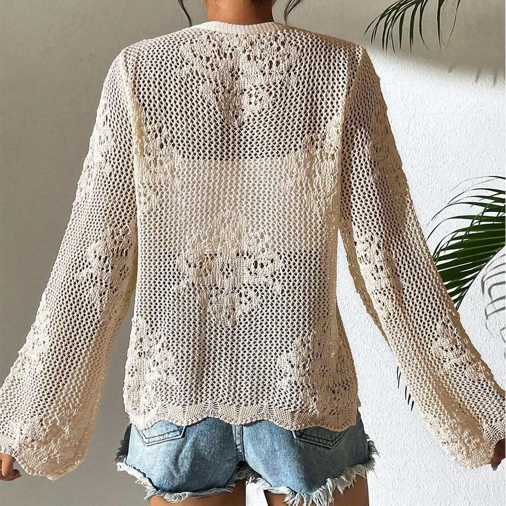 Sdencin Women Hollow Out Tie Front Crochet Knit Cardigan Autumn Long Sleeve Casual Loose Open Front Cardigan Cover Up